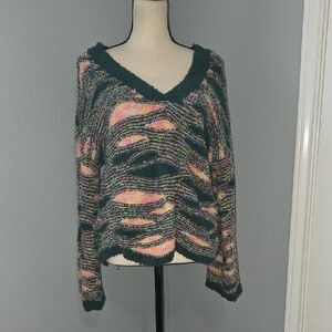 NWT POL Berber Chenille Forest Green V-Neck Sweater with Pink & Cream Accents